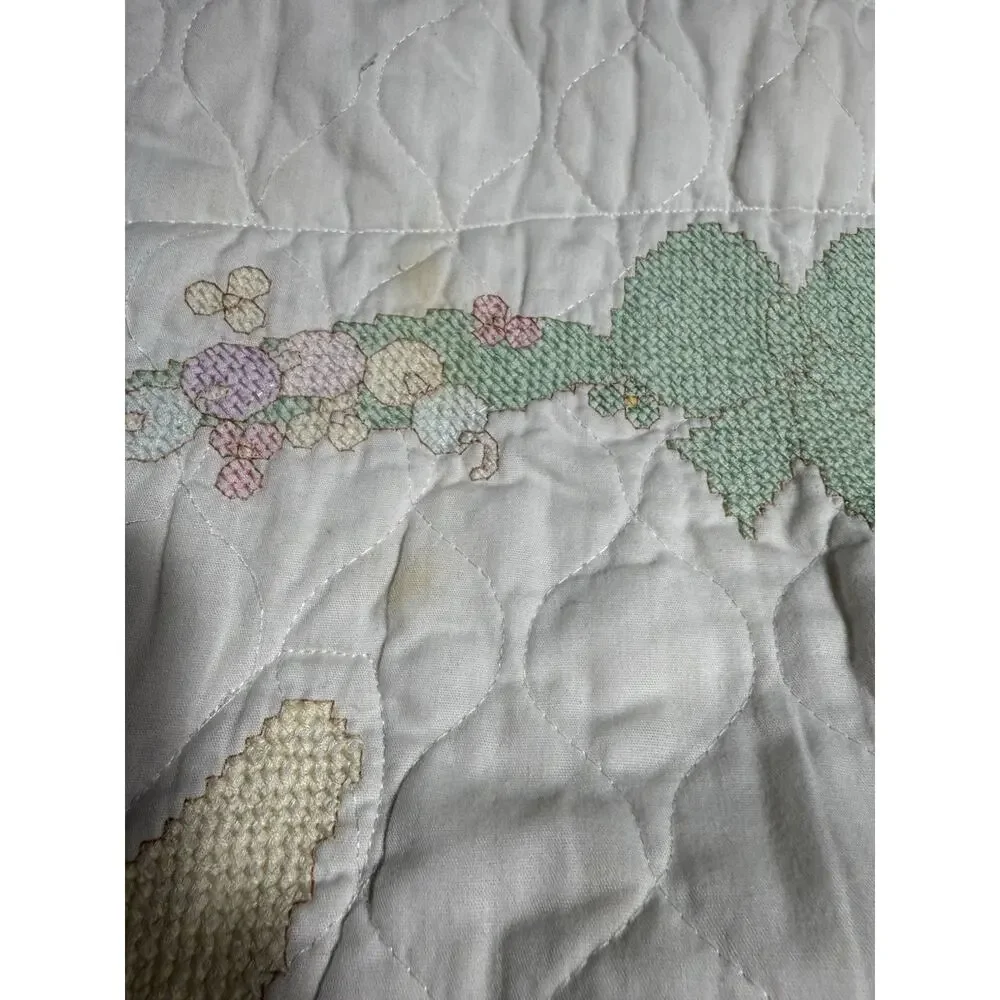 Vintage Precious Moments Cross Stitch Handmade Quilt Now I Lay Me Down 40”X32”
